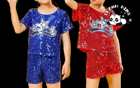 LEZONKIDS - 2024 Hot Sale Summer Autumn Performance Sequin Patches Hip Hop Cheer Leading Boys and Girls Clothing Sets